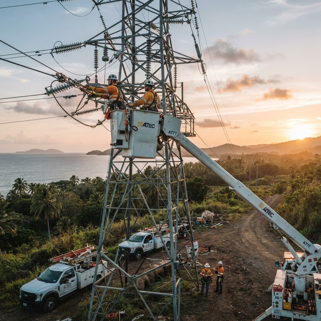 Electrical line crew working from an elevated bucket truck on power infrastructure at golden hour in Guyana