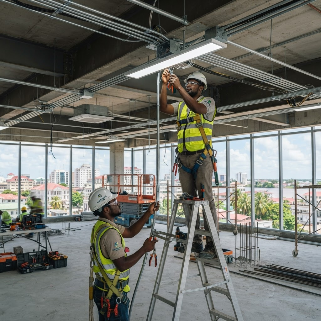 Modern commercial building under construction with electricians installing lighting in Guyana