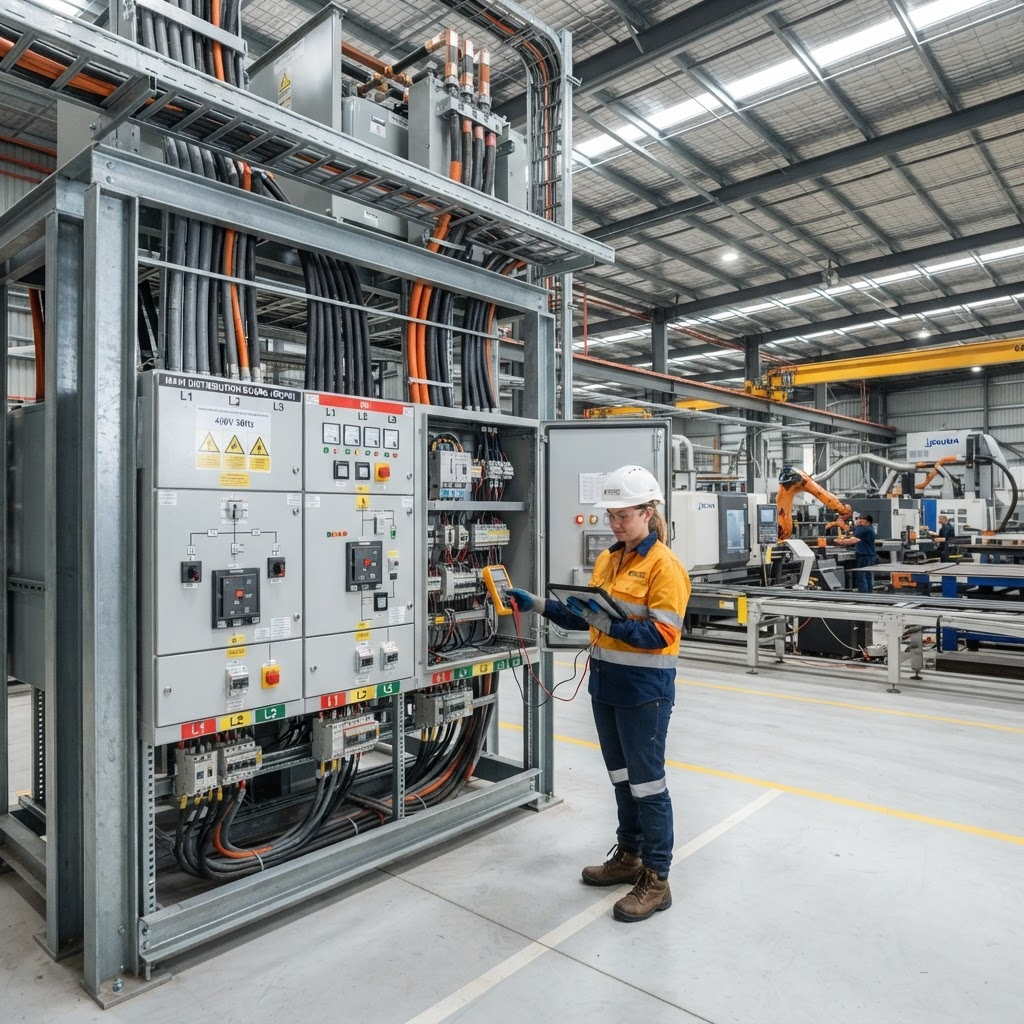 Industrial facility interior with three-phase electrical switchgear and a technician inspecting panels