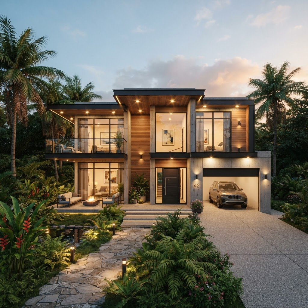 Newly built modern home in a tropical Guyana setting with exterior lighting