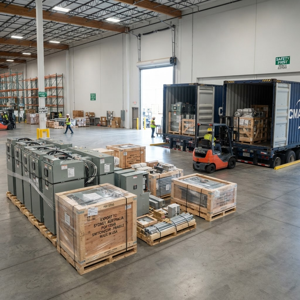 Palletized US electrical switchgear and construction materials staged next to shipping containers for export to Guyana